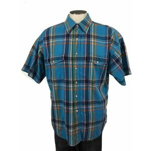 Panhandle Slim Pearl Snap Shirt L Blue‎ Plaid Short Sleeve Western Mens